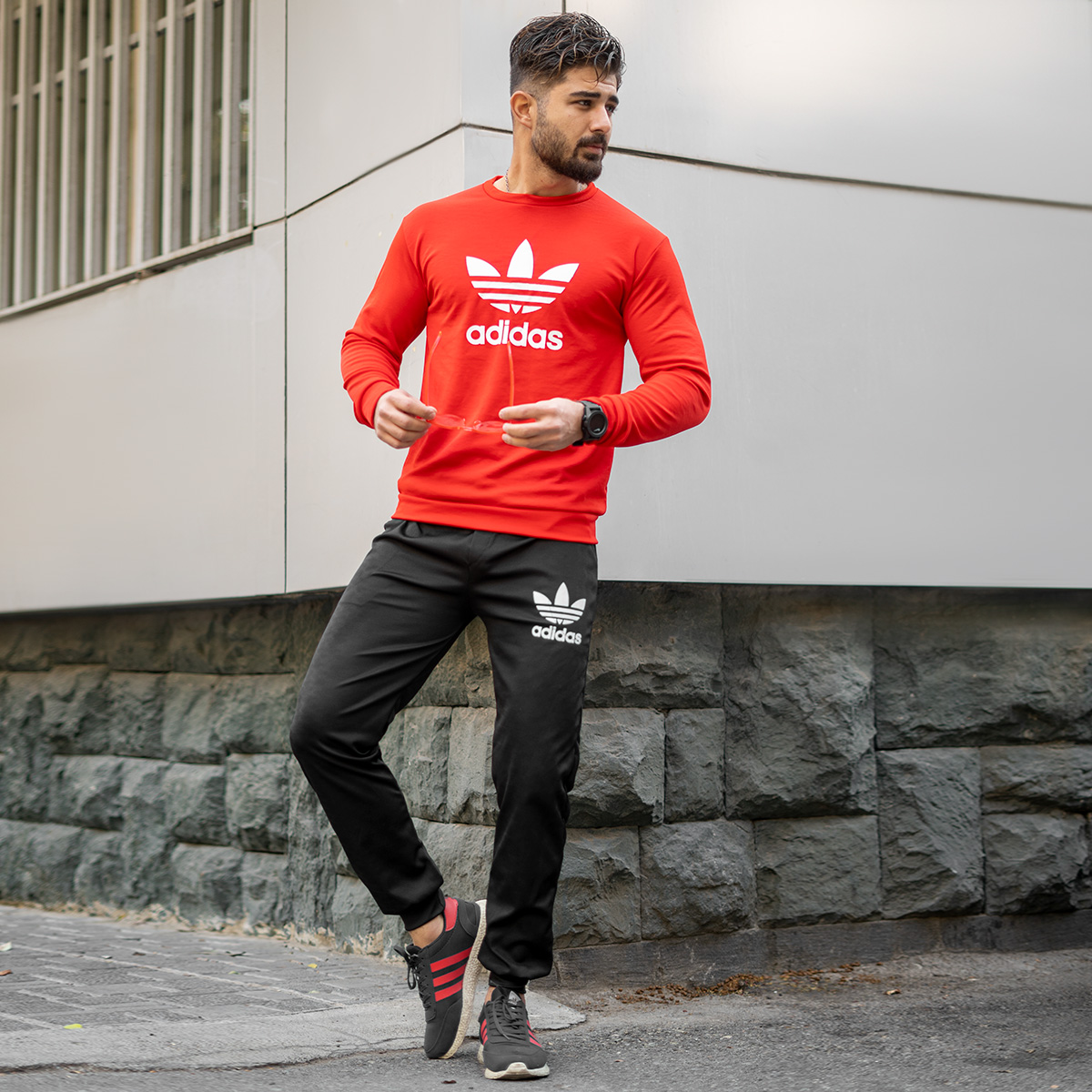 ست بلوز شلوار Adidas مردانه قرمز مشکی مدل Hani
